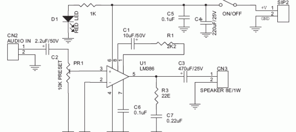 Tiny audio amplifier using LM386