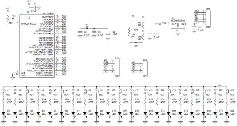 Bargraph Voltmeter 0-5V DC range - PIC16F686 - Electronics-Lab.com