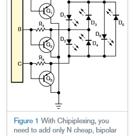 “Chipiplexing” efficiently drives multiple LEDs using few microcontroller ports