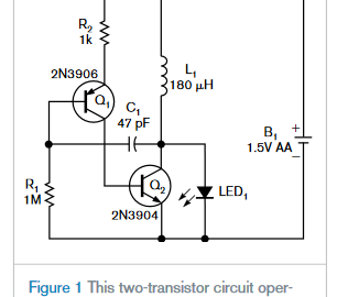 Simple two-transistor circuit lights LEDs