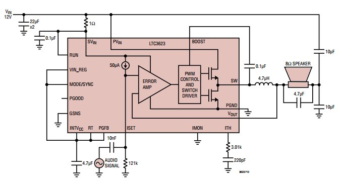 LTC3623 – Switching regulator doubles as Class-D audio amplifier