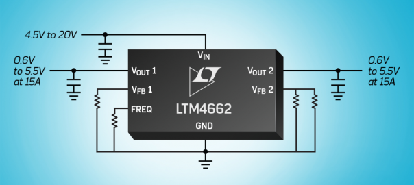 Dual 15A or Single 30A µModule Regulator with Stacked Inductor Package is 96% Peak Efficient