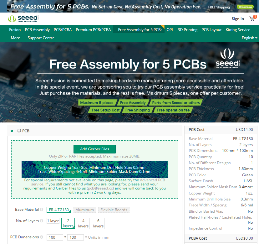 Seeed Studio Fusion PCBA Service - Free Assembly for 5 PCBs -  
