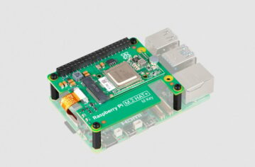 Raspberry Pi M.2 HAT+ with a Hailo AI acceleration module for use with Raspberry Pi 5