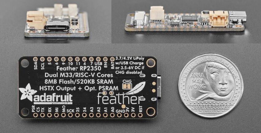 Adafruit Feather RP2350 side and front profile 