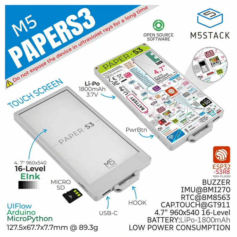 M5PaperS3 ESP32S3 Development Kit specifications