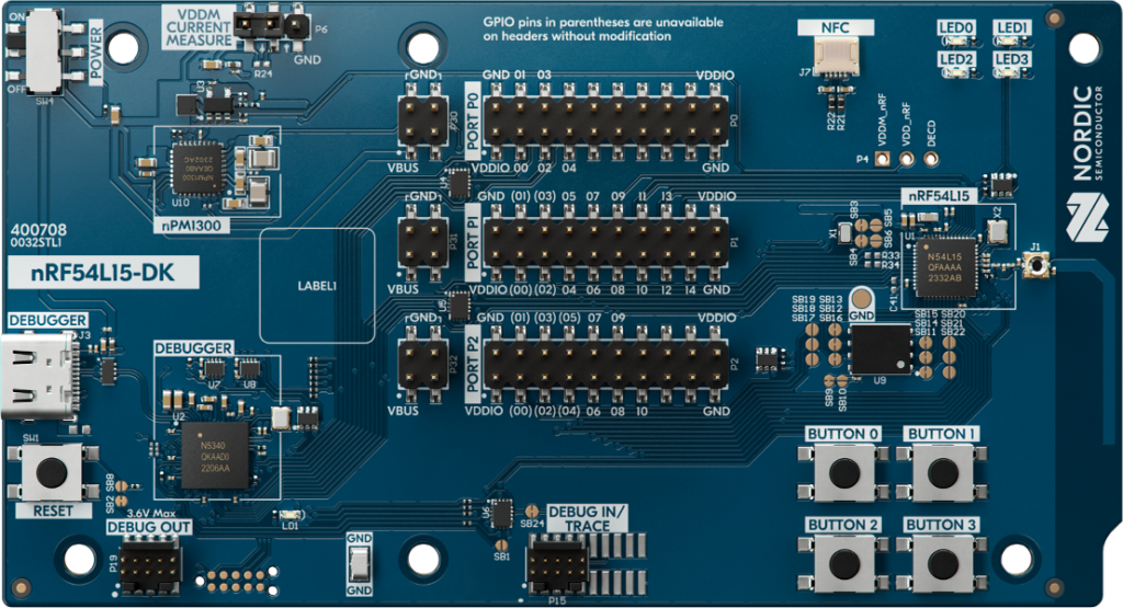 A Development kit for the low-power nRF54L15 wireless SoC can emulate nRF54L10, nRF54L05